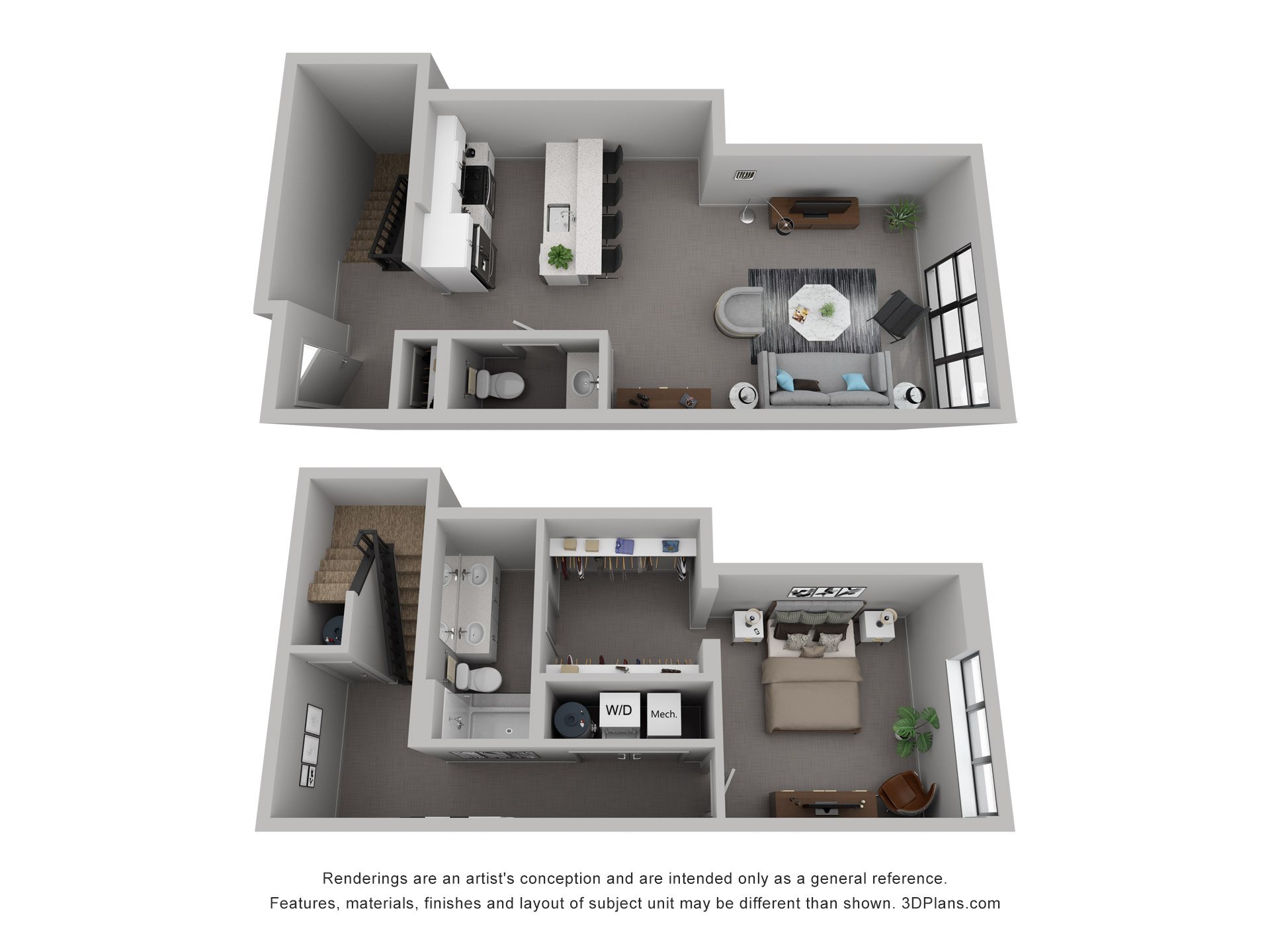 Floor plan for 1 bed, 1.5 baths, 1102 sqft